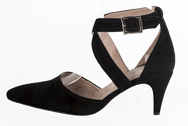 Matt black women's open side shoes, with crossed straps. Tapered toe. High slim heel. Profile view - Florence KOOIJMAN